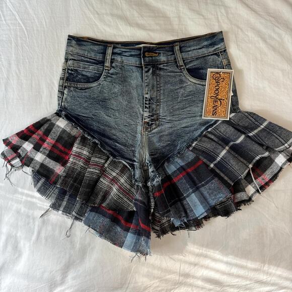 nwt spoon jeans y2k plaid ruffle denim shorts grunge punk flare - Picture 2 of 7